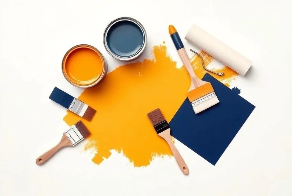 Pots de peinture, nuancier, brosses et rouleaux disposés à plat