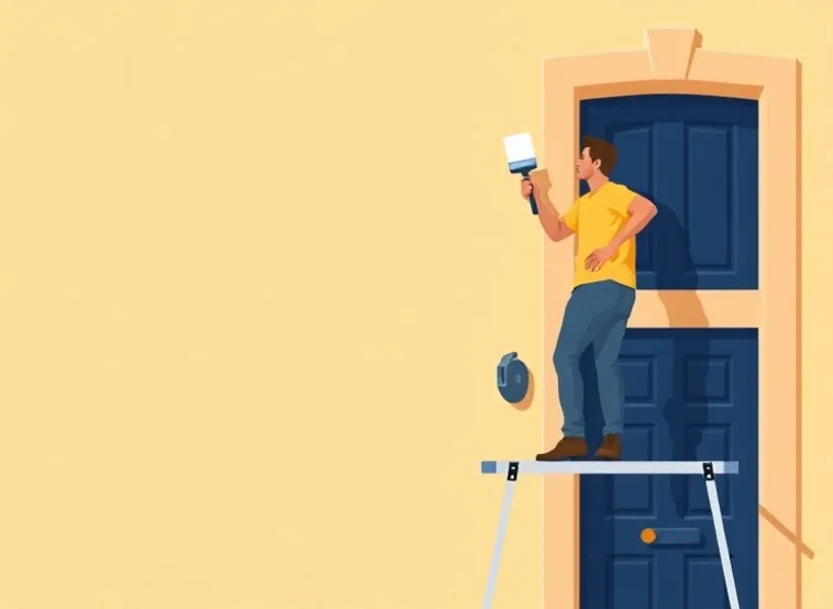 Peintre sur échafaudage traitant la façade d'une maison