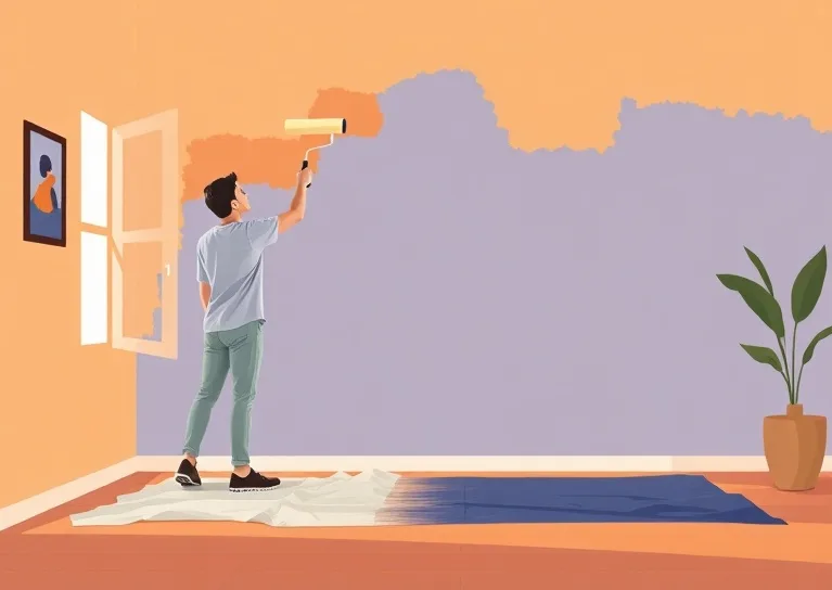 Peintre appliquant la peinture au rouleau sur un mur de salon